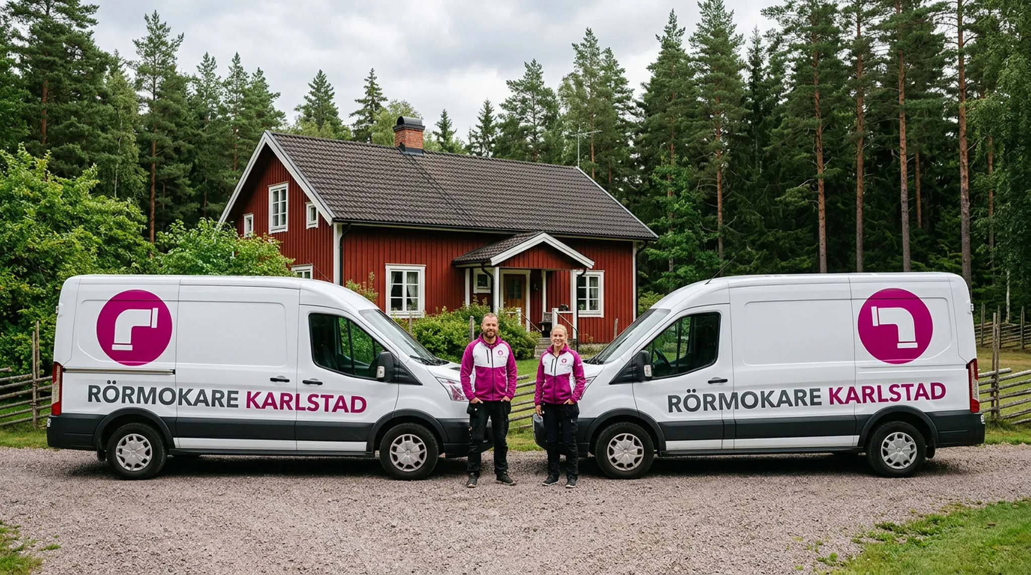 Två servicebilar med Rörmokare Karlstad-dekor på grusuppfarten till ett rött timmerhus, med två rörmokare framför